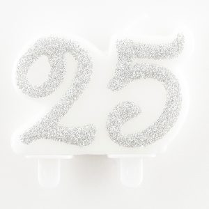 Vela Branca glitter prata Número 25 6cm