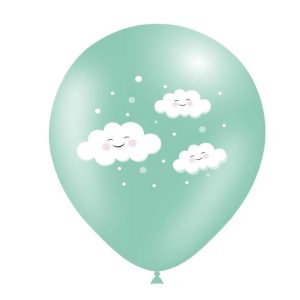 Balão Latex Verde Menta Nuvens sorridentes Brancas 12