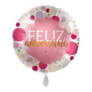 Balão Foil Redondo Bolinhas Rosa "FELIZ ANIVERSÁRIO" 17
