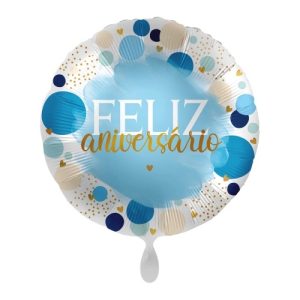 Balão Foil Redondo Bolinhas Azul "FELIZ ANIVERSÁRIO" 17