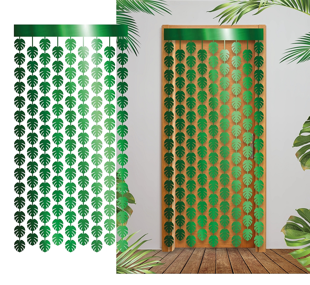 B31163 Cortina PVC Folhas Verde Metalizado